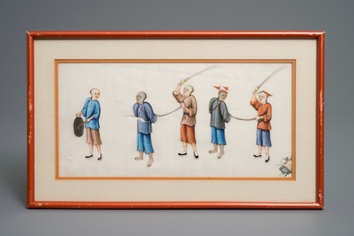 Twelve Chinese framed 'punishment' rice paper paintings, Canton, 19th C.