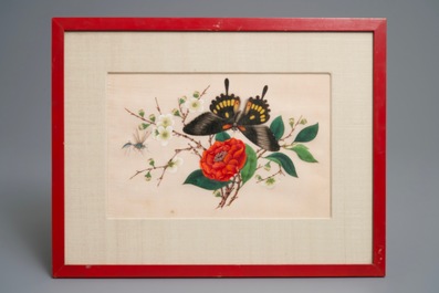 Ten Chinese framed rice paper paintings with mostly butterflies and birds, Canton, 19th C.