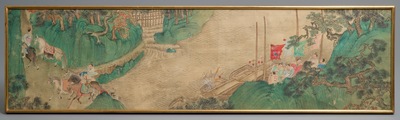 Three Chinese paintings on textile: 'River scenes', 18/19th C.