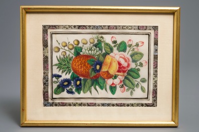 Six various framed Chinese rice paper paintings, Canton, 19th C.