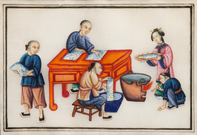 Six various framed Chinese rice paper paintings, Canton, 19th C.