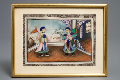 Six various framed Chinese rice paper paintings, Canton, 19th C.