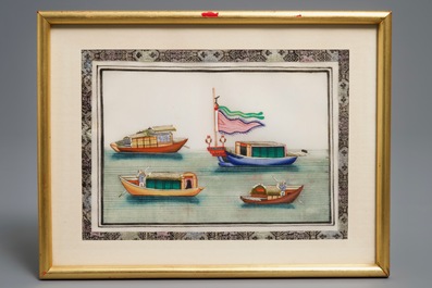 Six various framed Chinese rice paper paintings, Canton, 19th C.