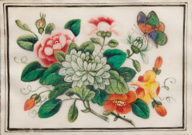Six various framed Chinese rice paper paintings, Canton, 19th C.