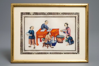 Six various framed Chinese rice paper paintings, Canton, 19th C.