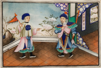 Six various framed Chinese rice paper paintings, Canton, 19th C.
