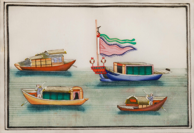 Six various framed Chinese rice paper paintings, Canton, 19th C.