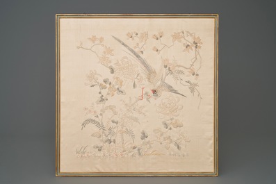 Three Chinese square embroidered silk panels, 19th C.