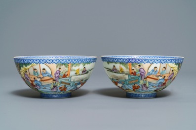 A pair of Chinese famille rose eggshell bowls, Qianlong mark, 20th C.