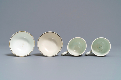 Four fine Chinese famille rose 'European subject' cups and saucers, Qianlong
