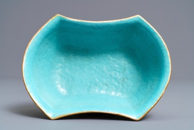 A Chinese famille rose ingot-shaped bowl on stand, Tongzhi mark and of the period