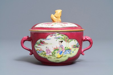 A Chinese famille rose ruby-ground two-handled bowl and cover, Yongzheng