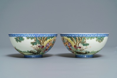A pair of Chinese famille rose eggshell bowls, Qianlong mark, 20th C.