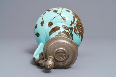 A German pewter-mounted turquoise ground ewer with birds among flowers, 17/18th C.
