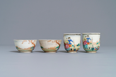 Four fine Chinese famille rose 'European subject' cups and saucers, Qianlong