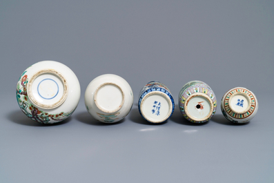 Five Chinese famille rose and verte vases, 19th C.