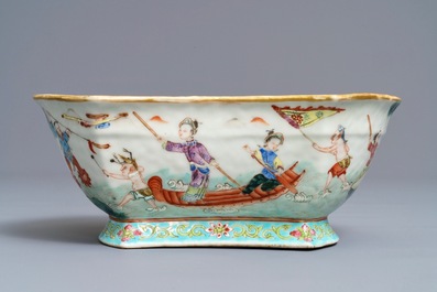 A Chinese famille rose ingot-shaped bowl on stand, Tongzhi mark and of the period