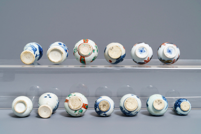 Thirteen Chinese blue and white and famille verte miniature vases, Kangxi and later