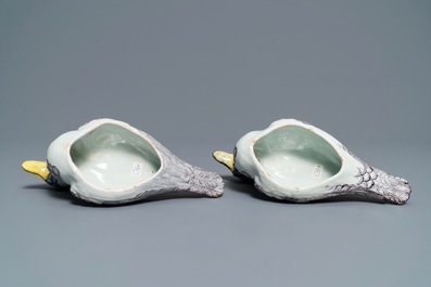 A pair of polychrome Dutch Delft duck-shaped tureens, 18th C.