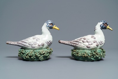 A pair of polychrome Dutch Delft duck-shaped tureens, 18th C.