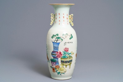 A Chinese famille rose two-sided design vase, 19/20th C.