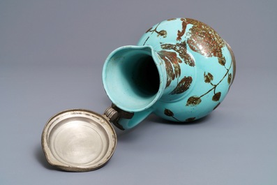 A German pewter-mounted turquoise ground ewer with birds among flowers, 17/18th C.