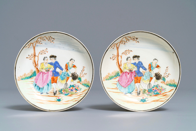 Two fine Chinese famille rose 'European subject' cups and saucers, Qianlong