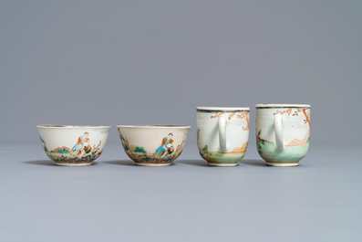Four fine Chinese famille rose 'European subject' cups and saucers, Qianlong