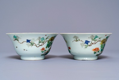 A pair of Chinese famille verte 'peacock among blossoms' bowls, Kangxi