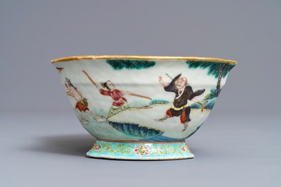 A Chinese famille rose ingot-shaped bowl on stand, Tongzhi mark and of the period