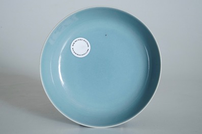 A Chinese monochrome clair-de-lune-glazed saucer dish, Qianlong mark, 19/20th C.