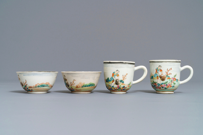 Four fine Chinese famille rose 'European subject' cups and saucers, Qianlong