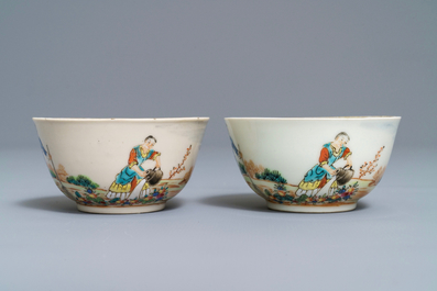 Two fine Chinese famille rose 'European subject' cups and saucers, Qianlong