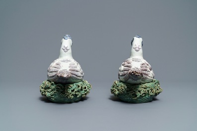 A pair of polychrome Dutch Delft duck-shaped tureens, 18th C.