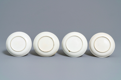 Four fine Chinese famille rose 'European subject' cups and saucers, Qianlong