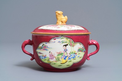 A Chinese famille rose ruby-ground two-handled bowl and cover, Yongzheng
