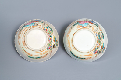 Two fine Chinese famille rose 'European subject' cups and saucers, Qianlong