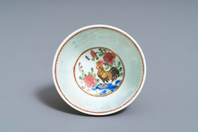 A fine Chinese famille rose 'rooster' eggshell cup and saucer, Yongzheng