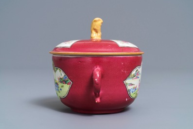 A Chinese famille rose ruby-ground two-handled bowl and cover, Yongzheng