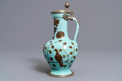 A German pewter-mounted turquoise ground ewer with birds among flowers, 17/18th C.