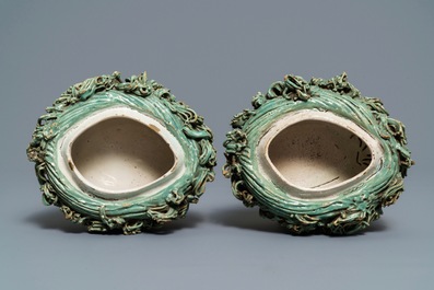 A pair of polychrome Dutch Delft duck-shaped tureens, 18th C.