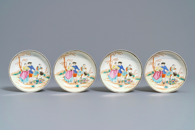 Four fine Chinese famille rose 'European subject' cups and saucers, Qianlong