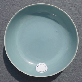 A Chinese monochrome clair-de-lune-glazed saucer dish, Qianlong mark, 19/20th C.