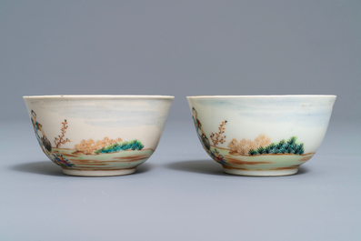 Two fine Chinese famille rose 'European subject' cups and saucers, Qianlong
