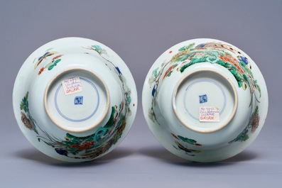 A pair of Chinese famille verte 'peacock among blossoms' bowls, Kangxi