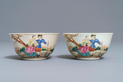 Two fine Chinese famille rose 'European subject' cups and saucers, Qianlong