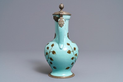 A German pewter-mounted turquoise ground ewer with birds among flowers, 17/18th C.