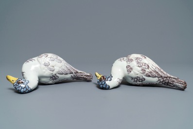 A pair of polychrome Dutch Delft duck-shaped tureens, 18th C.