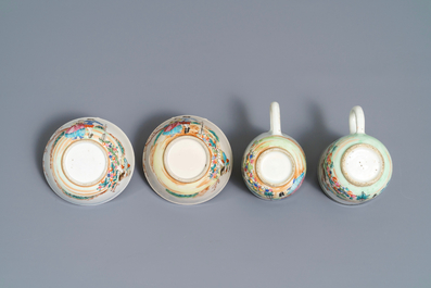 Four fine Chinese famille rose 'European subject' cups and saucers, Qianlong