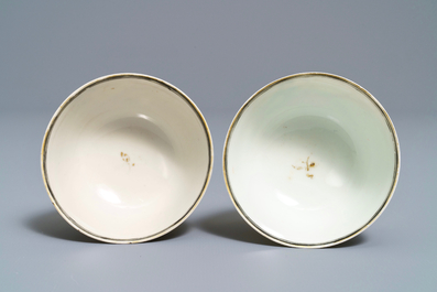 Two fine Chinese famille rose 'European subject' cups and saucers, Qianlong